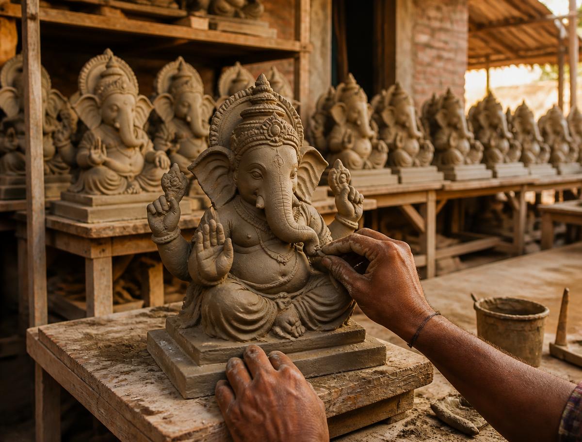 Artisan in Pen, Maharashtra shaping a clay Ganesha murti by hand