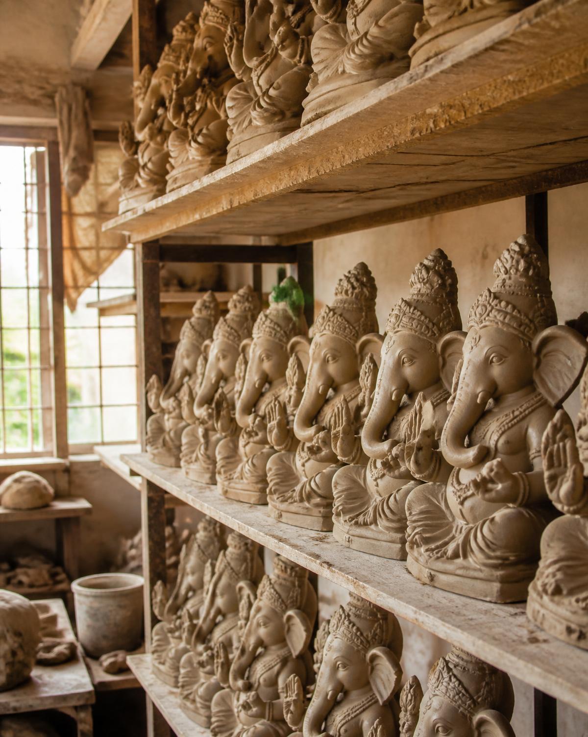 Rows of unpainted shadu clay Ganesha murtis drying in a Pen workshop
